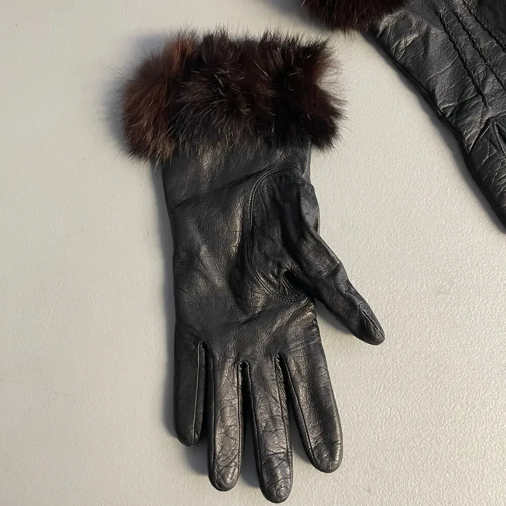 Vintage 60's Women's Leather Fur Gloves Size Medium